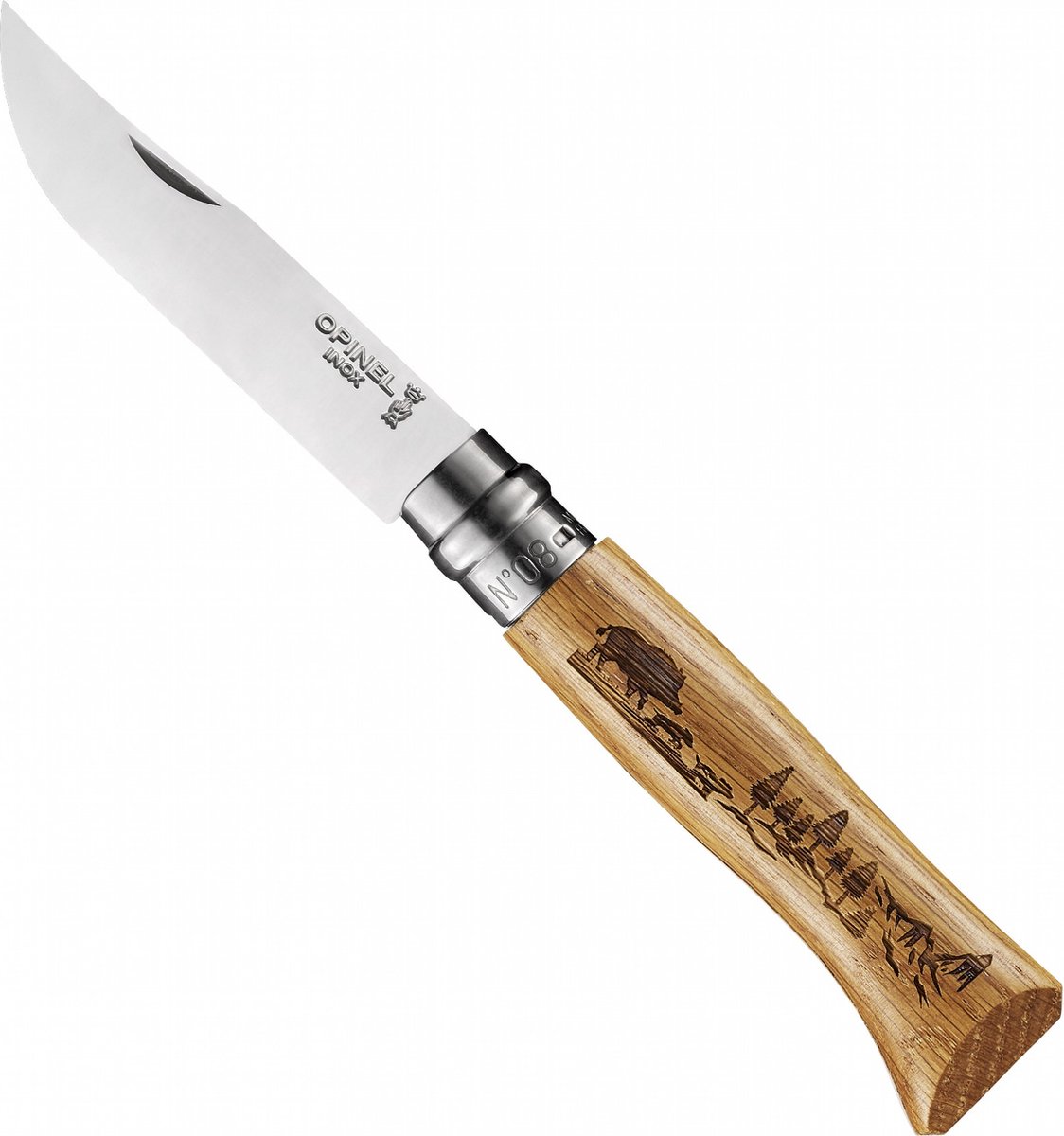 Couteau de poche gravé sanglier Opinel n°08 acier inoxydable bois