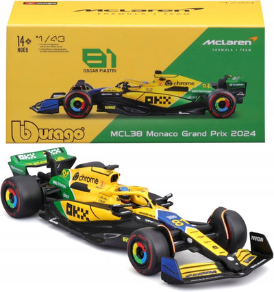 Modèle de voiture Bburago F1 mclaren mcl38 2024 avec casque de voiture jouet en livrée Norris Senna.