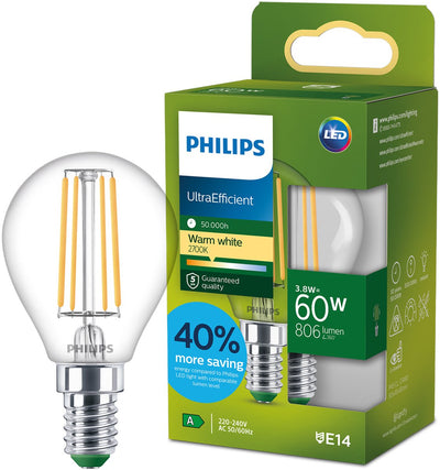 Philips LED Lampe LED ultra-efficace Philips - 60W - culot E27 - lumière blanc chaud : 2700k - verre transparent - lampe boule P45 - longue durée de vie