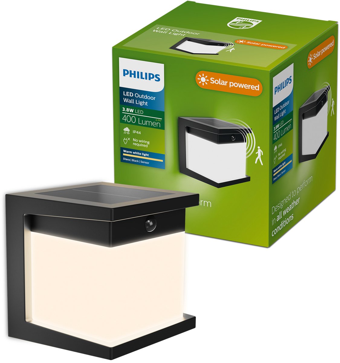 Philips LED Applique solaire Philips Diara - énergie solaire - lumière blanc chaud : 2700k - noir - deux modes d'éclairage - capteur crépusculaire - détecteur de mouvement - IP44 : résistant aux intempéries - éclairage extérieur solaire