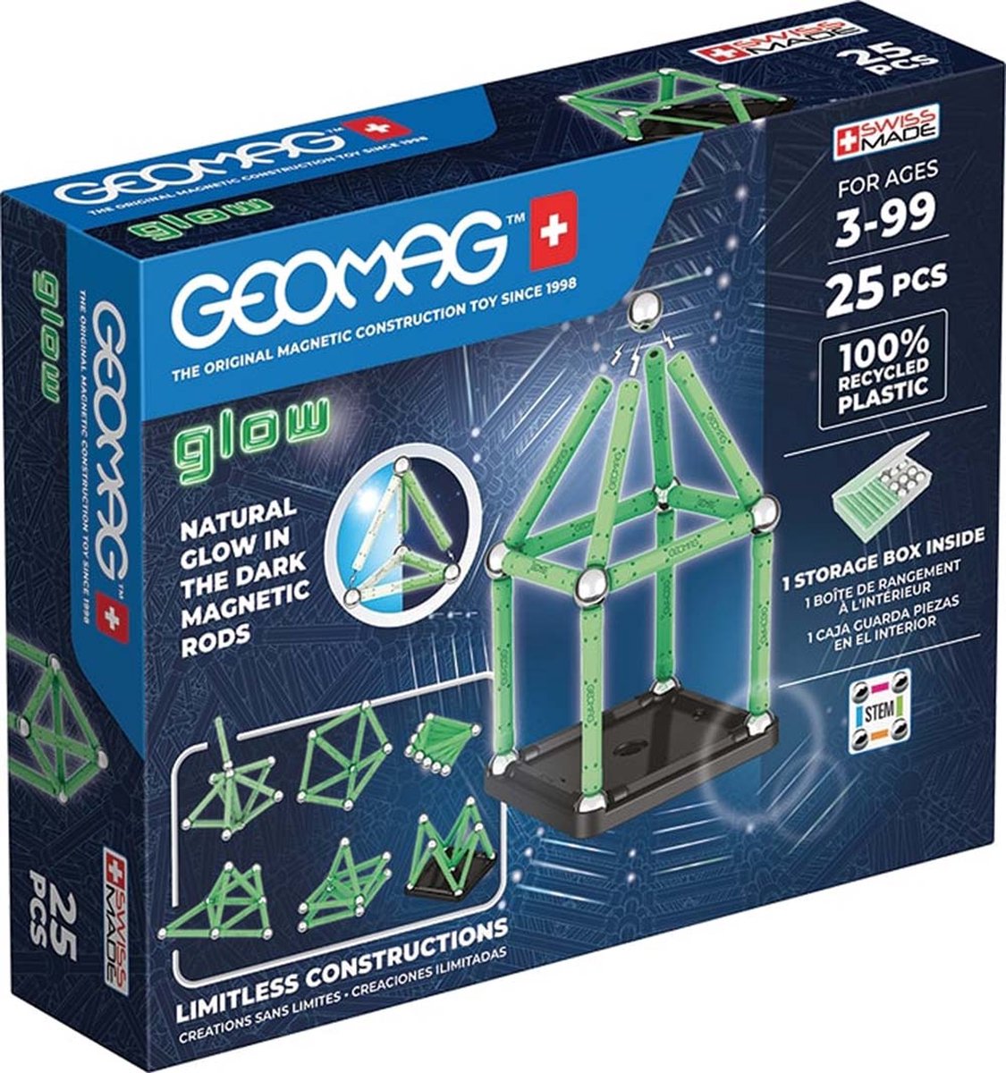 Geomag classic glow recyclé - jeu de construction magnétique lumineux - 25 pièces - à partir de 3 ans