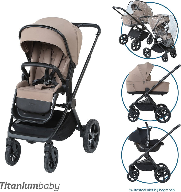 Titanium baby Poussette bébé en titane taupe urbain uni avec housse de pluie et adaptateurs pour siège auto - barre de poussée réglable - pliable - lit de voyage réglable en 3 hauteurs - dossier et repose-pieds réglables