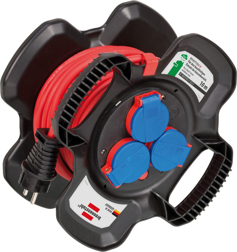 Enrouleur de câble en caoutchouc Brennerstuhl Enrouleur de câble x-gum ip44 pour utilisation en extérieur (10 m, utilisation extérieure de courte durée, mélange de caoutchouc spécial, avec protection de contact plus élevée, fabriqué en Allemagne)