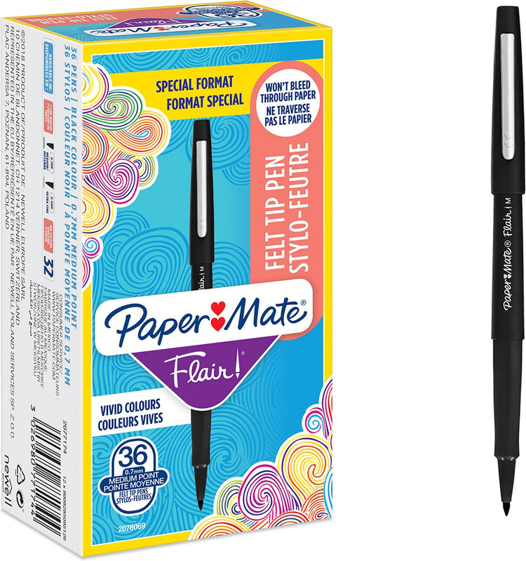 Feutres Paper Mate Flair | pointe moyenne (0,7 mm) | encre noire | 36 pièces