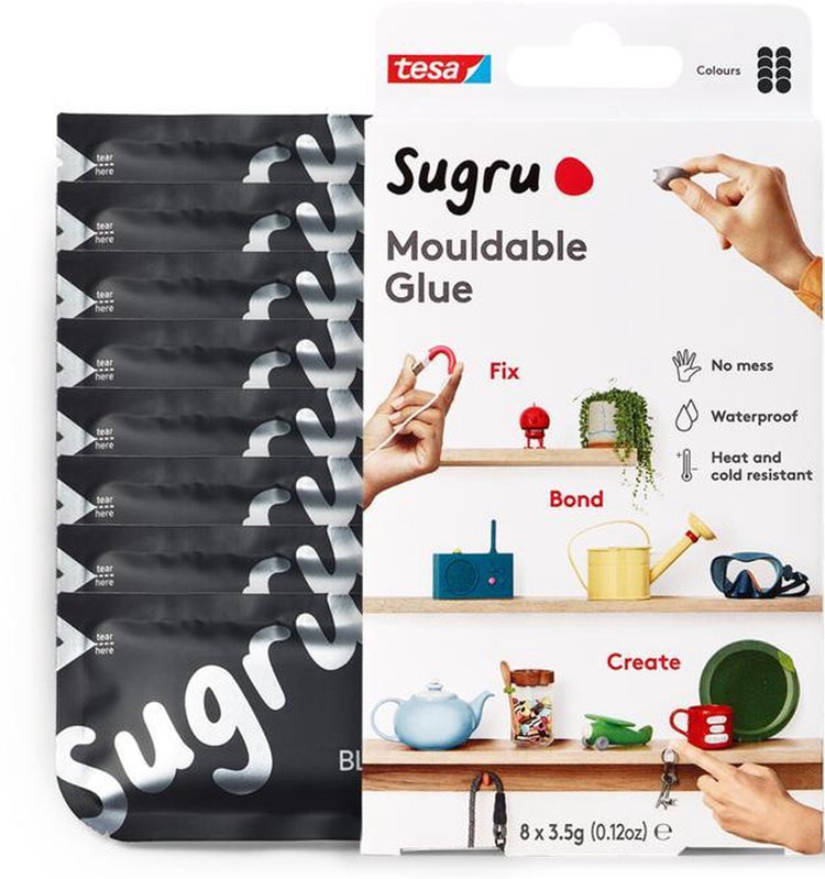 Colle pétrissable Sugru de tesa, paquet de 8 (8 x 3,5 g) en noir