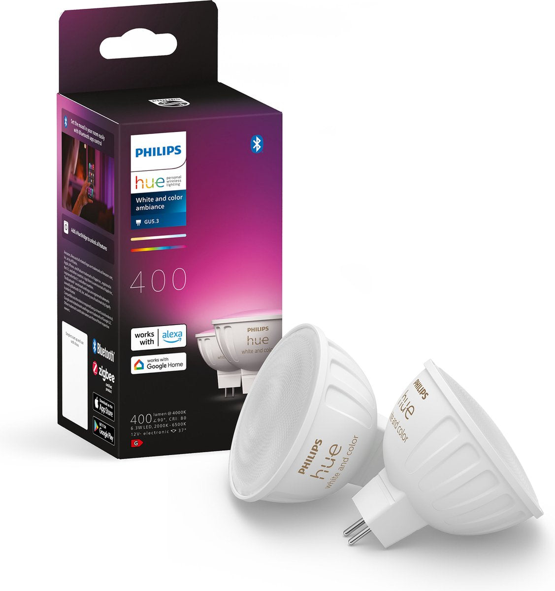 Philips hue spot - lumière blanche et colorée - pack de 2 - mr16