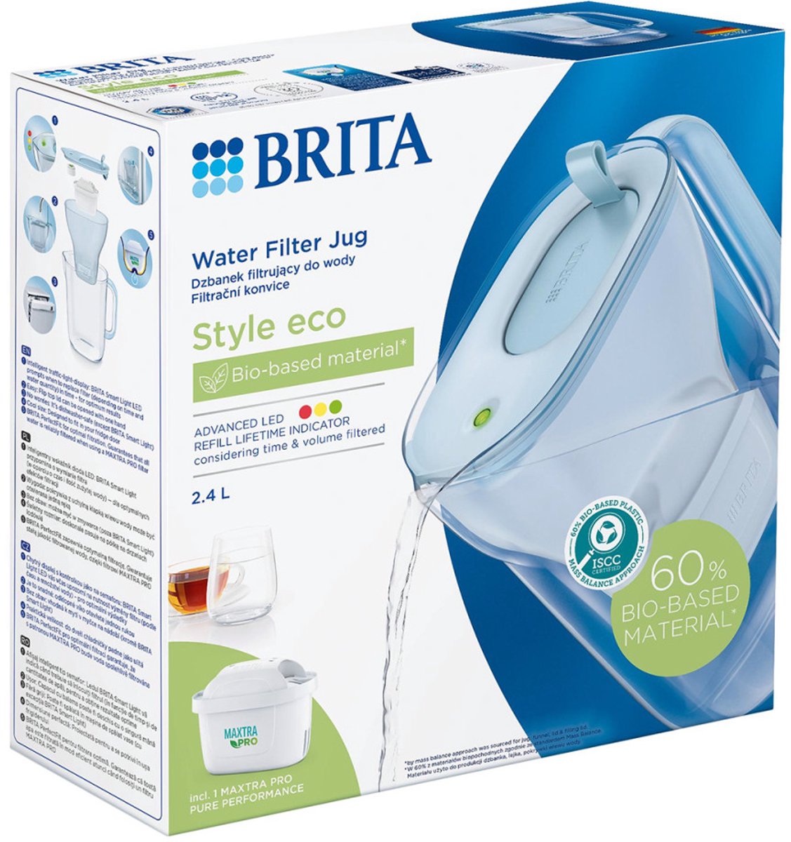 Carafe filtrante Brita style eco - 2,4 l - bleu - incl. 1 filtre à eau Maxtra Pro Pure Performance