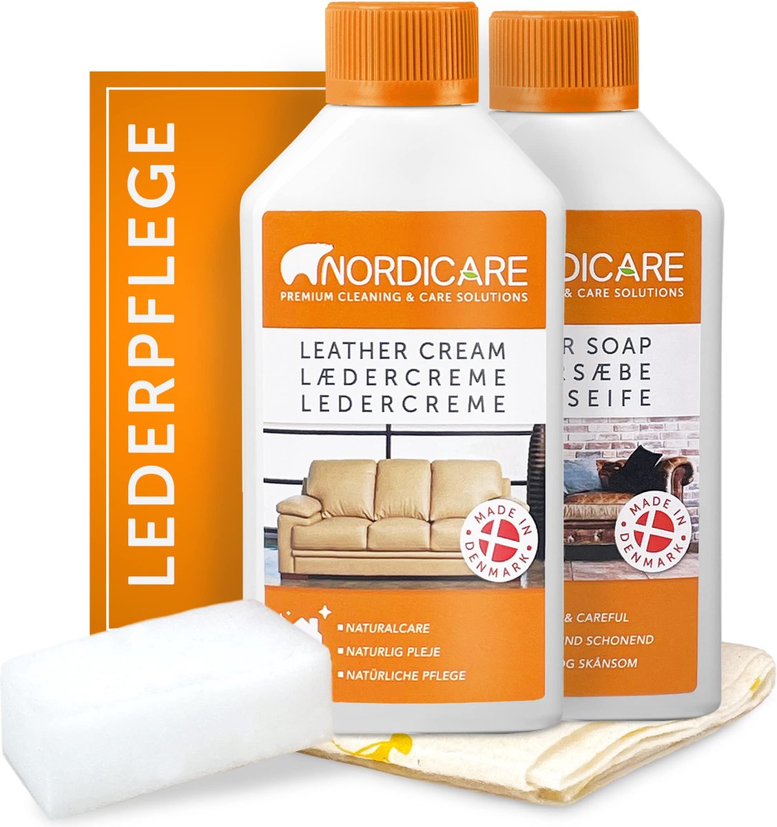 Nordicare Kit d'entretien du cuir (250 ml) pour voiture, canapé et meubles, nettoyant pour cuir pour l'entretien du cuir, kit d'entretien du cuir, nettoyage du cuir, canapé d'entretien du cuir, nettoyant pour cuir, entretien du cuir de voiture