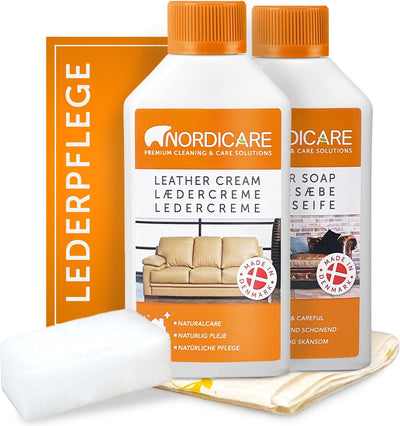 Nordicare Kit d'entretien du cuir (250 ml) pour voiture, canapé et meubles, nettoyant pour cuir pour l'entretien du cuir, kit d'entretien du cuir, nettoyage du cuir, canapé d'entretien du cuir, nettoyant pour cuir, entretien du cuir de voiture