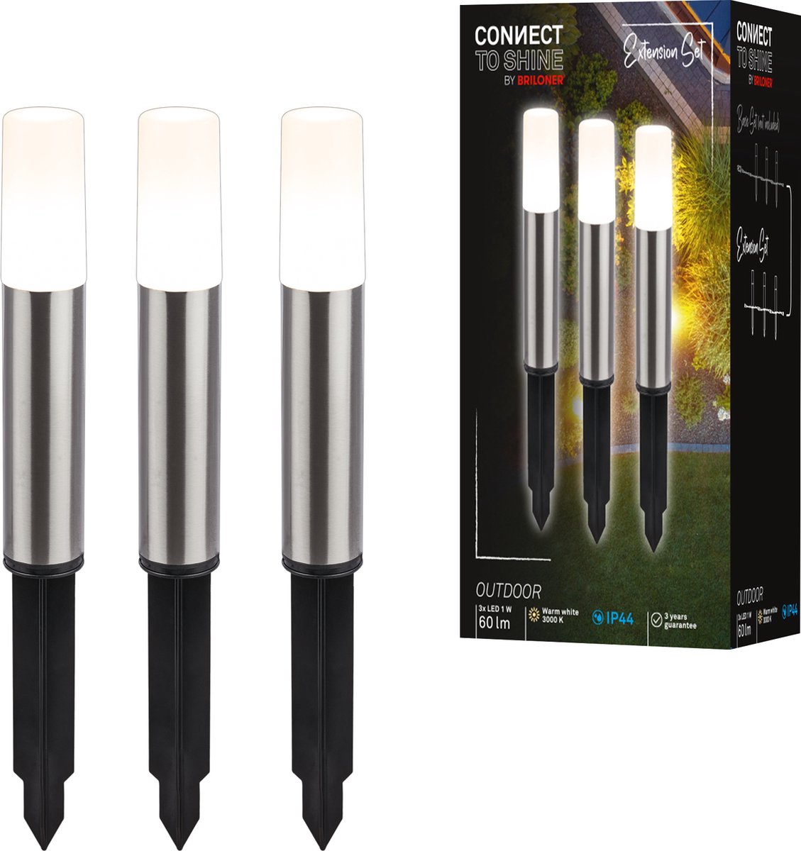 Briloner connect to shine - Éclairage de chemin à LED - lot de 3 - kit d'extension d'éclairage de jardin - lampe sur pied - ip44 - lumière blanc chaud - ø4x36 cm
