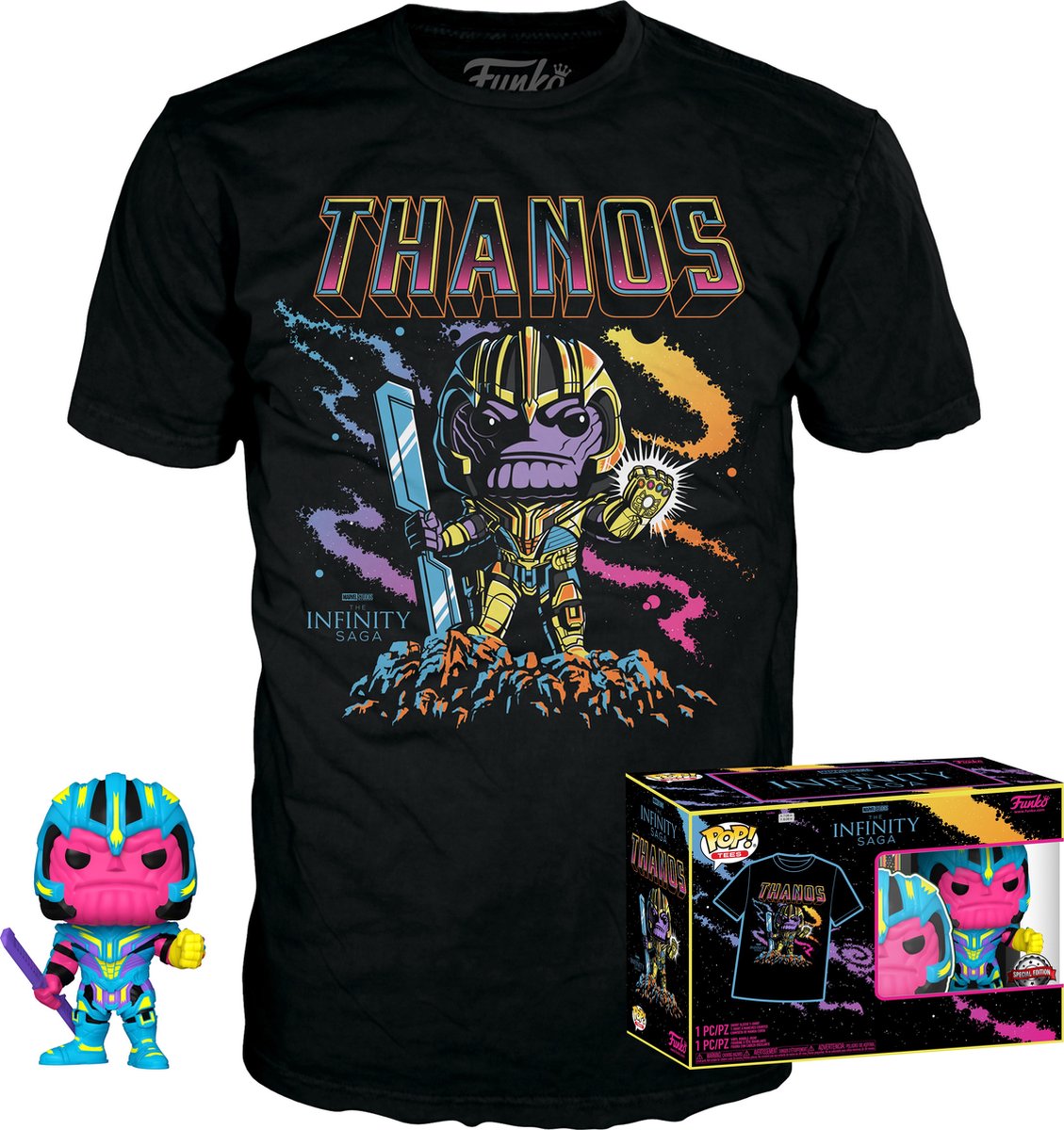 Funko-pop ! tee box : marvel studios the avengers - thanos blacklight black #909 exclusif (taille l)