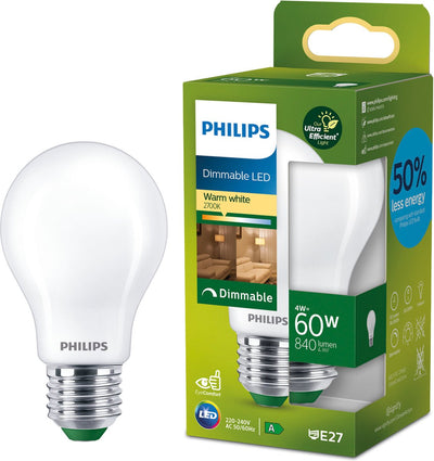 Philips LED Lampe LED ultra efficace Philips mate - 60 W - E27 - lumière blanc chaud à intensité variable - classe énergétique a