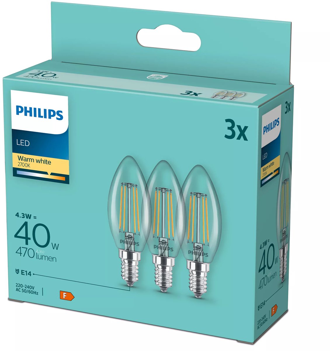 Lampe bougie LED Philips E14 4,3W - 2700K 806lm 230V - transparente - B35 - remplace 40W - lumière blanc chaud - pack de 3