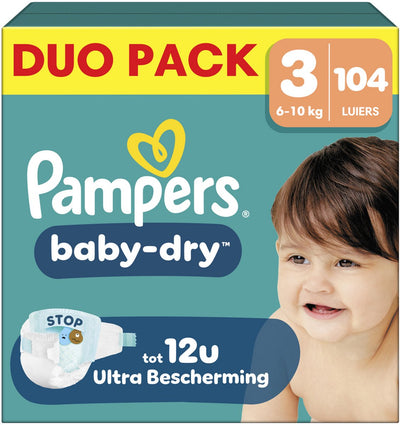 Couches Pampers baby-dry taille 3 - 104 - 6kg-10kg - nuit confortable jusqu'à 100% sans fuite