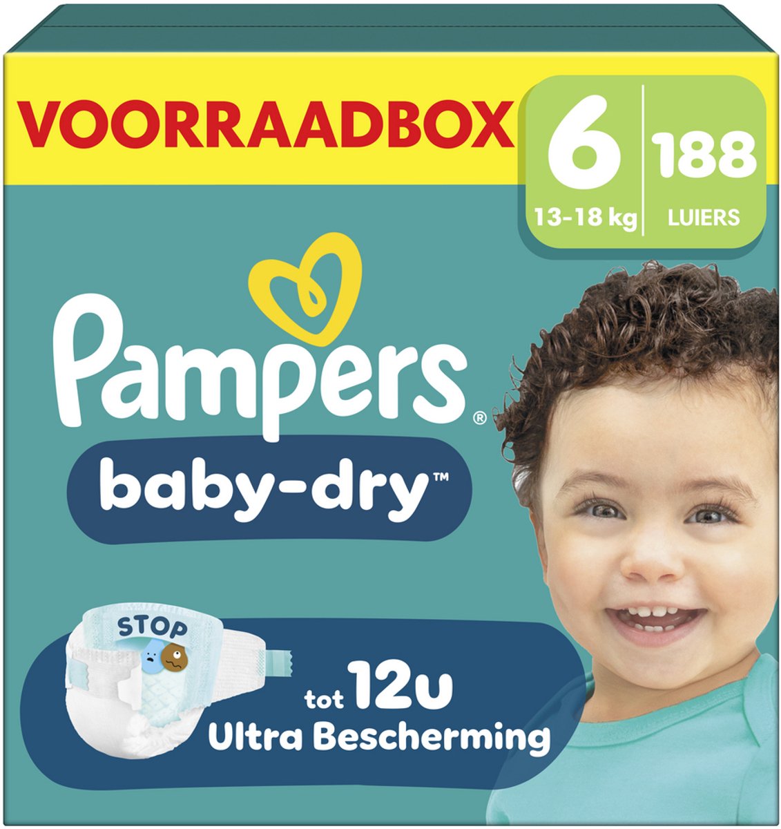 Pampers baby-dry taille 6 - 188 couches - 13kg-18kg - boîte de rangement