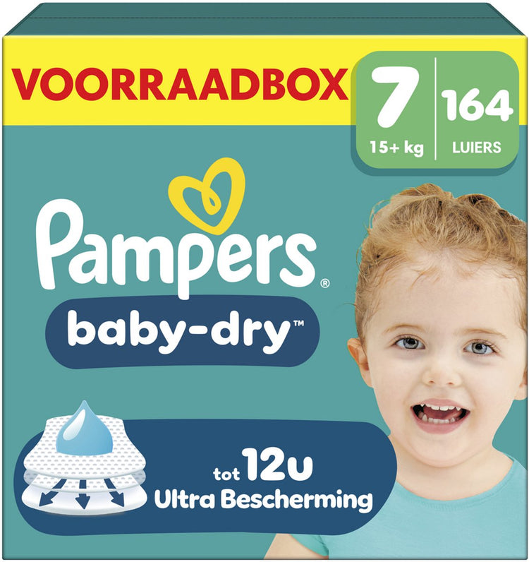 Pampers baby-dry taille 7 - 164 couches - 15kg+ - boîte de rangement