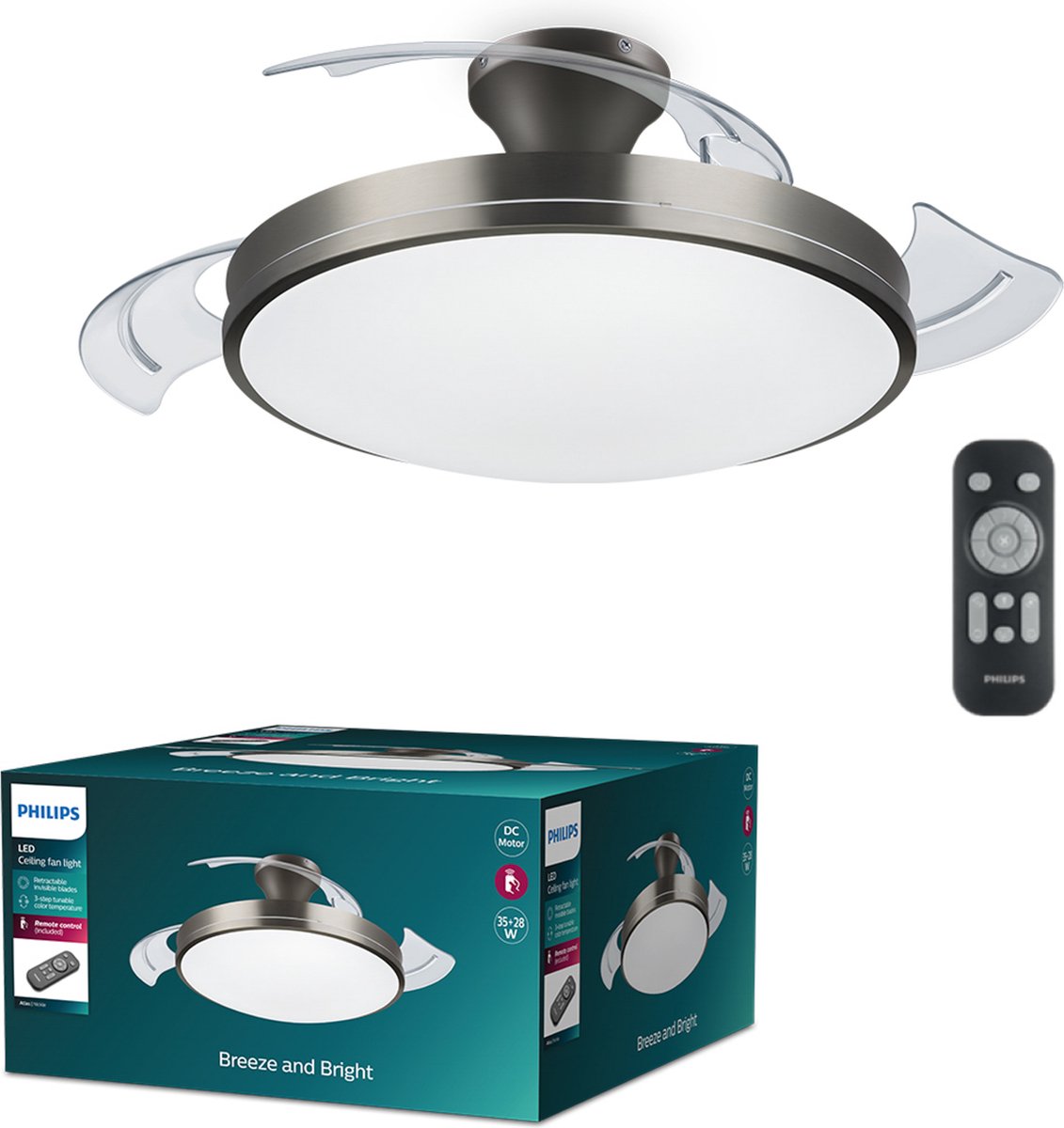Philips LED Plafonnier Philips Atlas LED - avec ventilateur - nickel