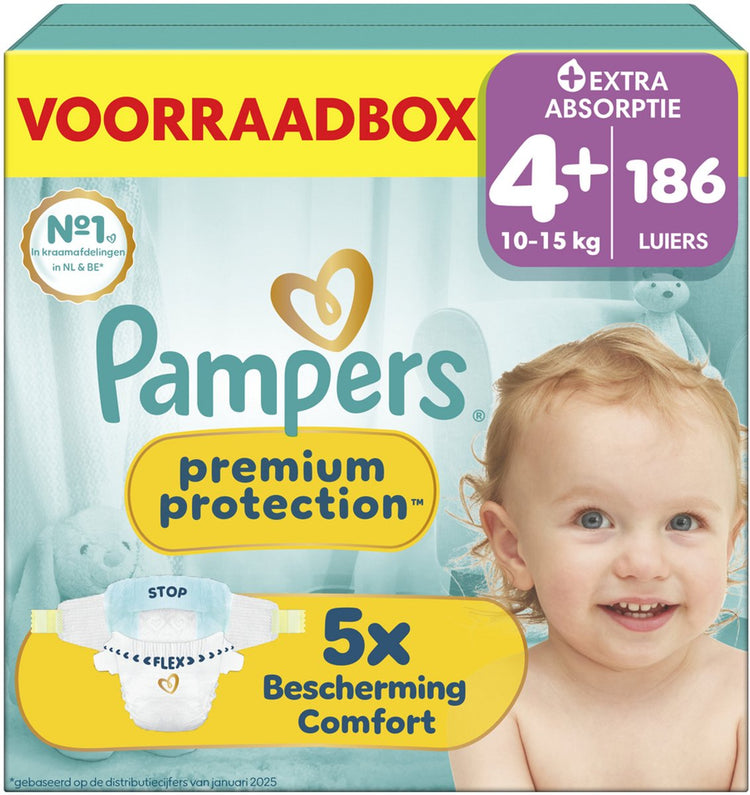 Pampers premium protection taille 4+ - 186 couches - 10kg-15kg - boîte de rangement