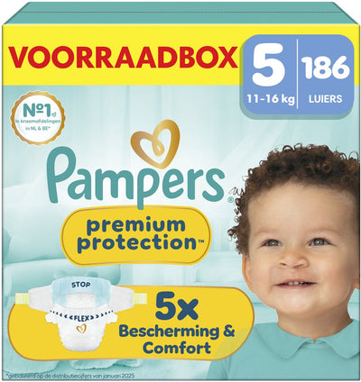 Pampers premium protection taille 5 - 186 couches - 11kg-16kg - boîte de rangement