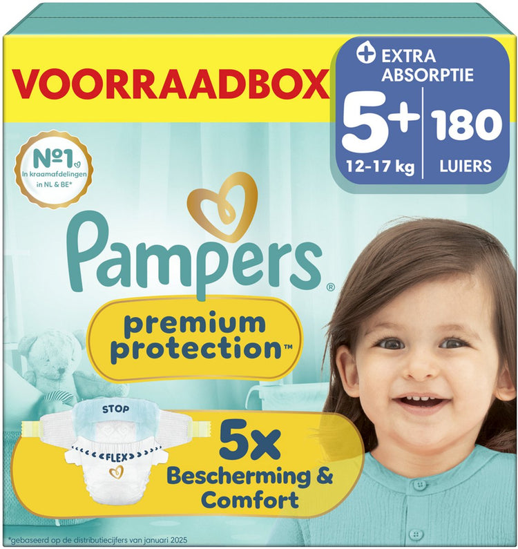 Pampers premium protection taille 5+ - 180 couches - 12kg-17kg - boîte de rangement