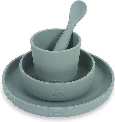 Jollein - service de table enfant 4 pièces (vert cendré) - silicone - vaisselle bébé, couverts bébé - 6-18 mois