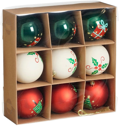 Set de boules de Noël décorations en mica - 9 pièces - ø8 cm - incassable - blanc, rouge, vert