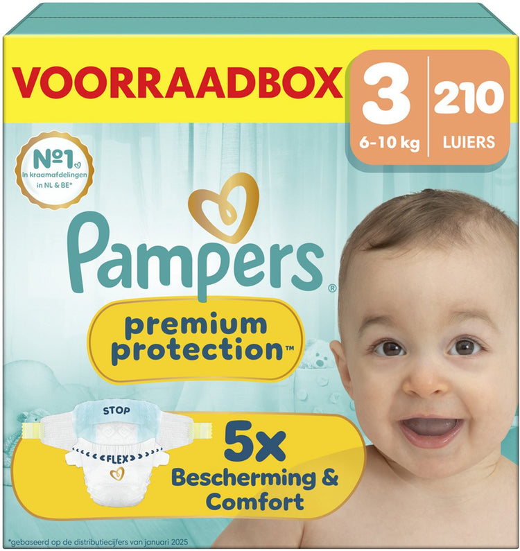 Pampers premium protection taille 3 - 210 couches - 6kg-10kg - boîte de rangement