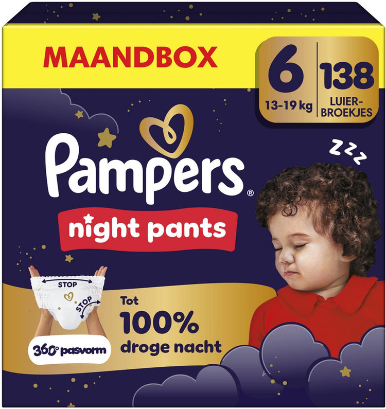 Pantalon de nuit Pampers taille 6 - 138 couches - 13kg+ - boîte mensuelle
