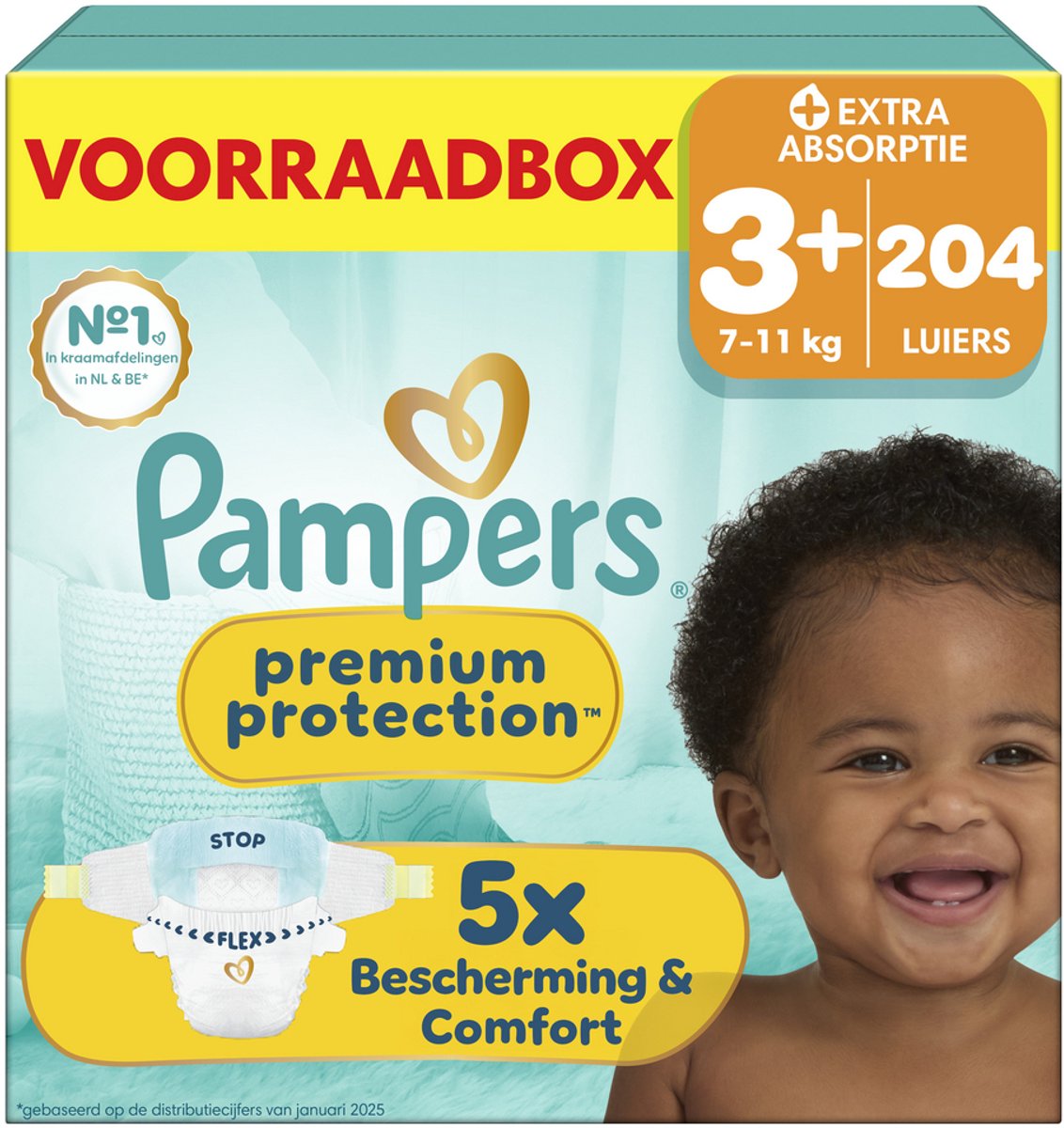 Pampers premium protection taille 3+ - 204 couches - 7kg-11kg - boîte de rangement