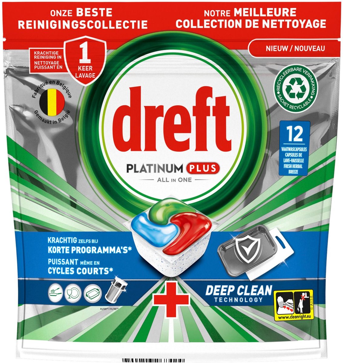 Tablettes Dreft Platinum Plus pour lave-vaisselle, nettoyage en profondeur (12 tablettes)