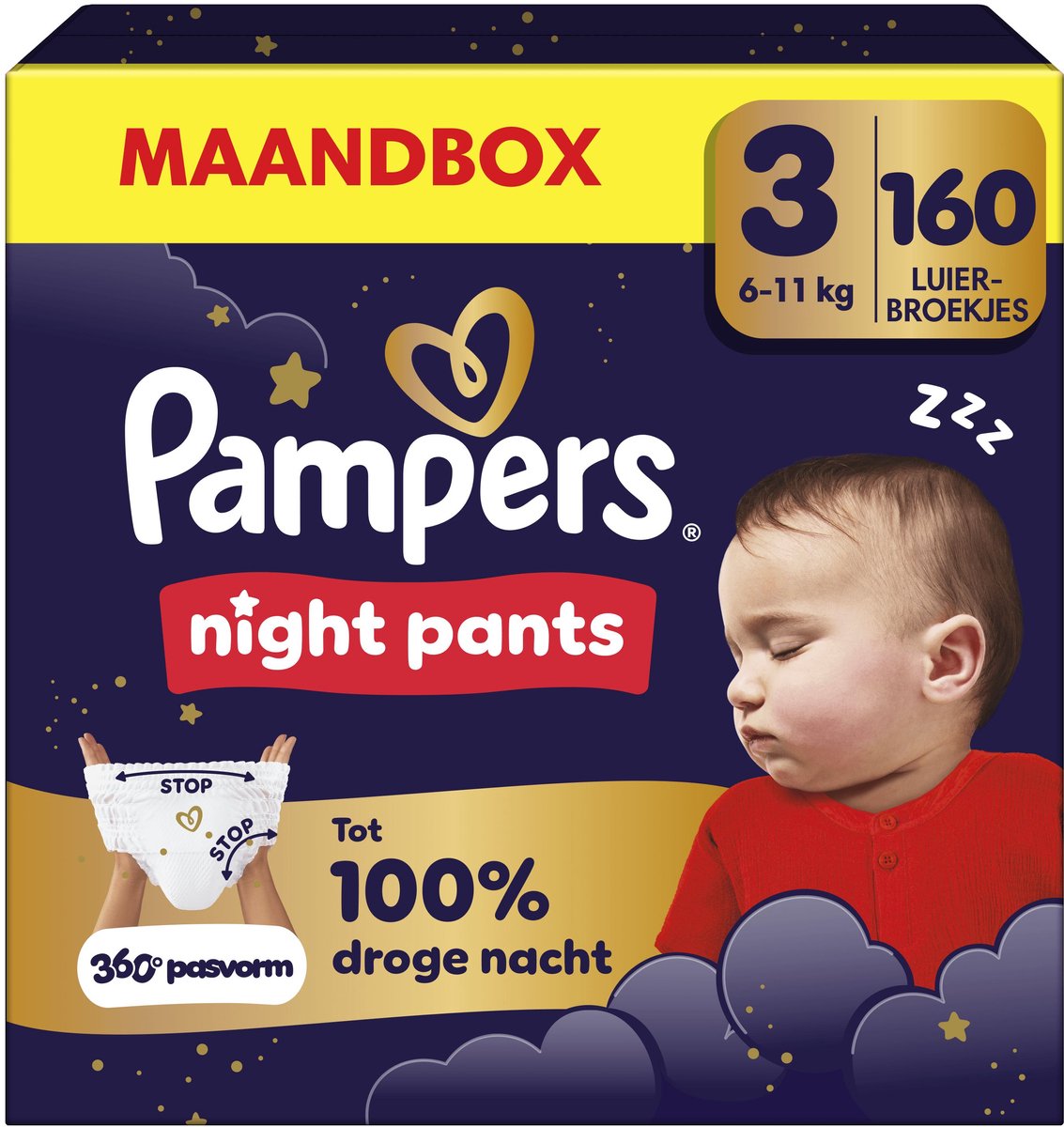 Pantalons de nuit Pampers taille 3 - 160 couches - 6kg-11kg - boîte mensuelle