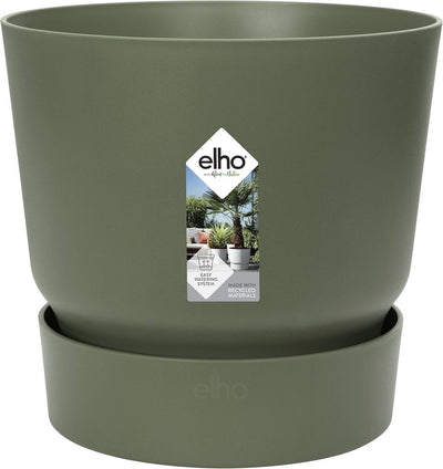 Elho greenville round 18 - pot de fleur d'extérieur avec réservoir d'eau - 100% plastique recyclé - ø 18,3 x h 17,4 cm - vert feuille