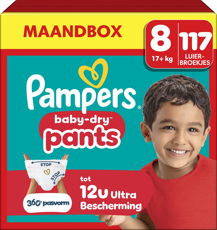 Pantalons Pampers baby-dry taille 8 - 117 pantalons à couches - 17kg+ - boîte mensuelle