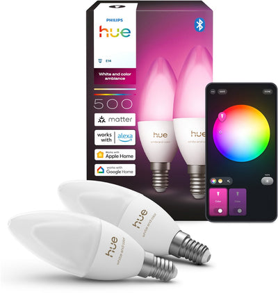 Lampe bougie LED Philips Hue - culot E14 - contient 2 lampes - lumière blanche et colorée réglable - éclairage intelligent