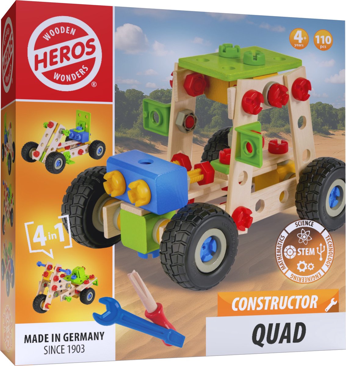 Heros Constructor Quad – Jouets de construction – 4 en 1 – 110 pièces – Jeu de construction en bois – Bois FSC – Fabriqué en Allemagne – Construisez vous-même – à partir de 4 ans