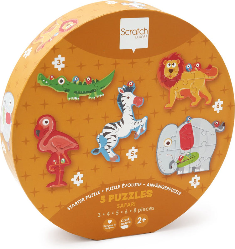 Puzzle à gratter pour débutant - safari - env. 10-18cm - avec 5 puzzles - 2 ans