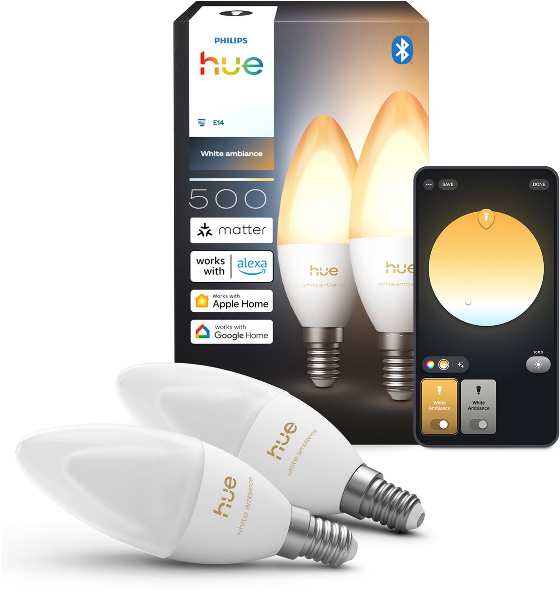 Lampe bougie LED Philips Hue - culot E14 - contient 2 lampes - lumière blanche réglable - éclairage intelligent