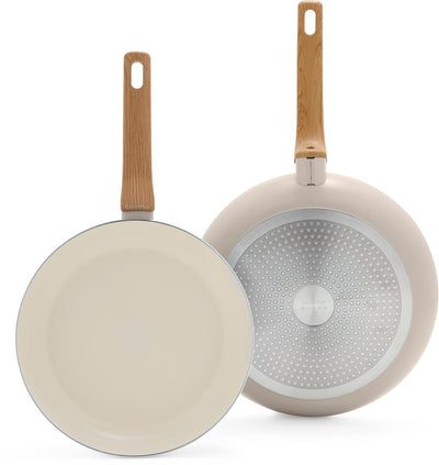 Greenpan essence set de poêles 2 pièces - 26 30 cm - revêtement antiadhésif sans PFA - set de poêles à induction - poêle en céramique - passe au four jusqu'à 160°c - poignées effet bois - poignées froides - taupe