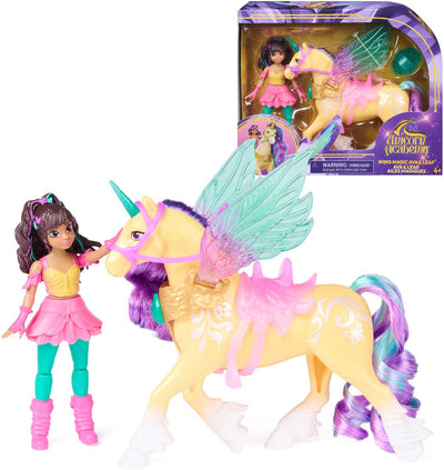 Académie des Licornes - feuille d'ava avec magie des ailes - poupée mobile 11,4 cm et licorne ailée 12,7 cm - comprenant 4 accessoires - jouets poupée et licorne