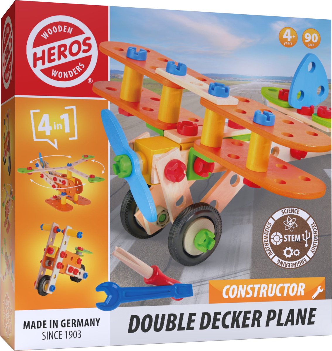 Avion à deux étages Heros Constructor – Jouets de construction – 4 en 1 – 90 pièces – Jeu de construction en bois – Bois FSC – Fabriqué en Allemagne – À construire soi-même – à partir de 4 ans