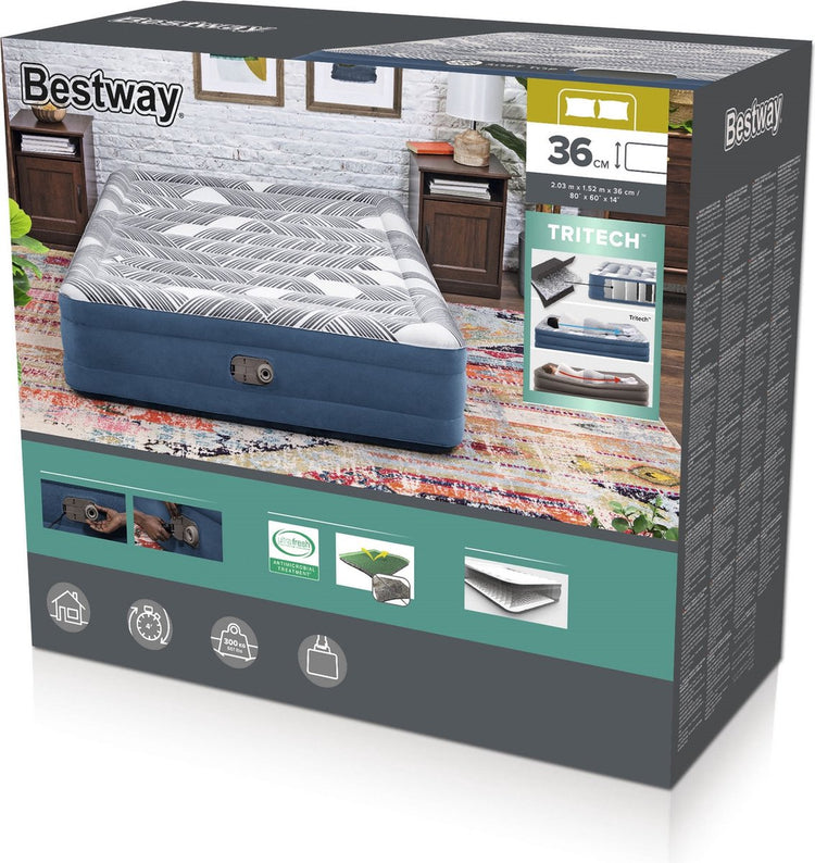 Matelas pneumatique Bestway tritech fashion flock queen avec pompe AC intégrée et revêtement antimicrobien 2,03 m x 1,52 m x 36 cm