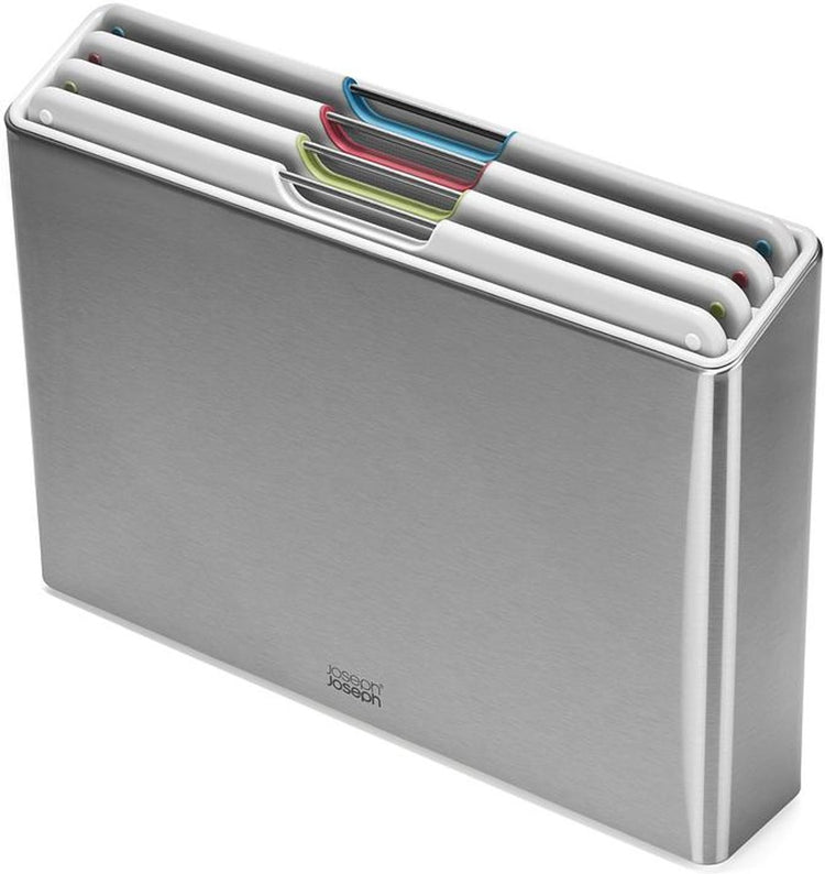 Ensemble en acier Joseph Joseph Folio™ de 4 planches à découper à code couleur dans un support en acier inoxydable (pierre claire)