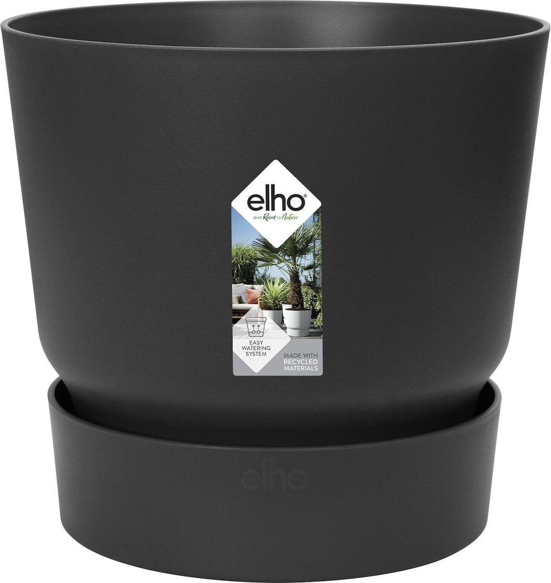 Elho greenville round 18 - pot de fleur d'extérieur avec réservoir d'eau - 100% plastique recyclé - ø 18,3 x h 17,4 cm - noir vivant