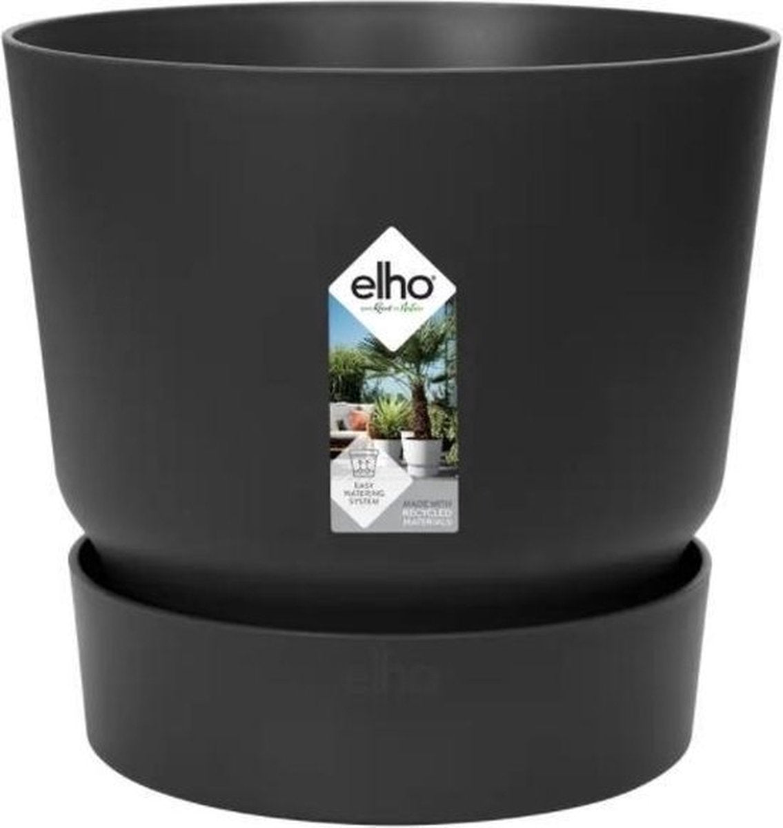 Elho greenville round 47 - grand pot de fleur d'extérieur avec réservoir d'eau - 100% plastique recyclé - ø 47 x h 44 cm - noir vivant