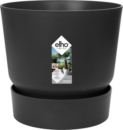 Elho greenville round 16 - pot de fleur d'extérieur avec réservoir d'eau - 100% plastique recyclé - ø 16 x h 15,3 cm - noir vivant