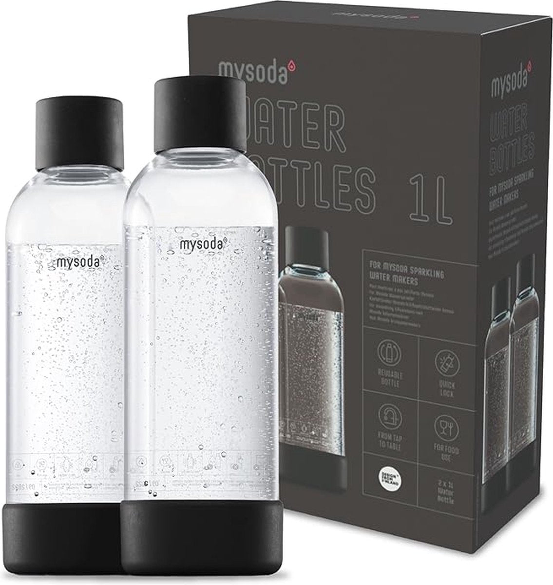 Mysoda - lot de 2 bouteilles réutilisables de 1 litre - noir - adapté aux appareils
