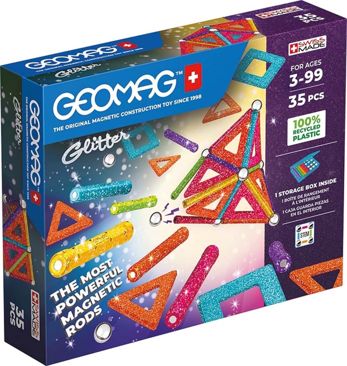 Geomag panneaux à paillettes classiques recyclés - jouets de construction magnétiques avec panneaux à paillettes - 35 pièces