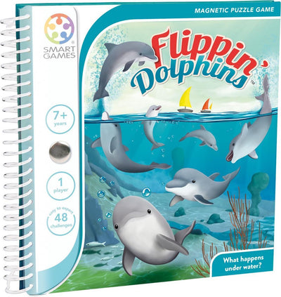 Jeux intelligents Flippin' Dolphins - Jeu de pensée logique magnétique - 48 défis éducatifs avec les dauphins - Jeu de voyage compact, jeu solo - à partir de 7 ans