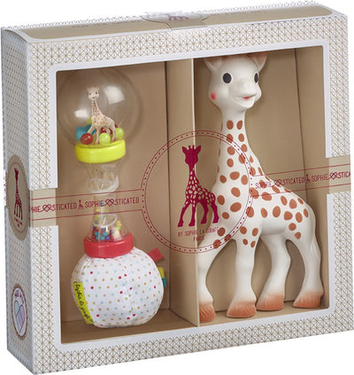 Coffret cadeau sophistiqué Sophie la girafe - jouets pour bébé - hochet maracas - cadeau maternité - cadeau baby shower - 4 pièces