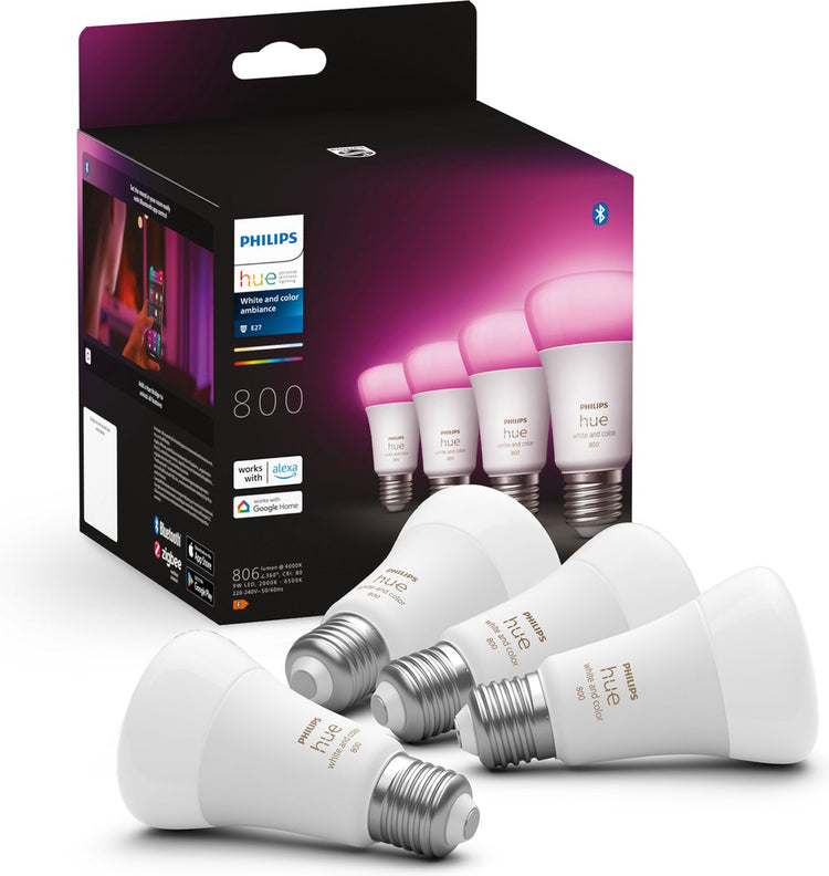Lampes Philips hue - lumière blanche et colorée - LED - E27 - 6,5W - 806 lumens - 4 pièces